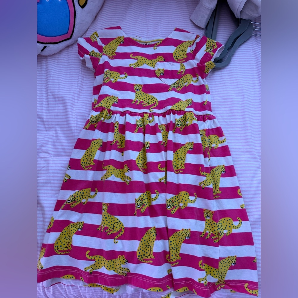 Boden Pink and White Striped Dress with Yellow Leopard Print